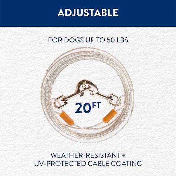 Top Paw 20' Reflective Dog Tie Out Silver Medium‎ Adjustable 50 lbs Outdoor NWT - Picture 2 of 4